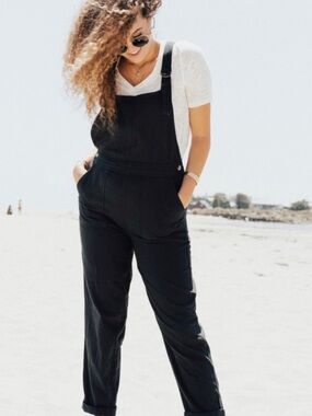 Carly Jean Los Angeles Vintage Black Cotton Blend Overalls Cuffed Hem
